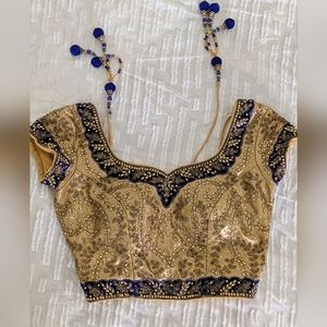Handmade Silk Seree Top – Royal Blue & Gold Stunning